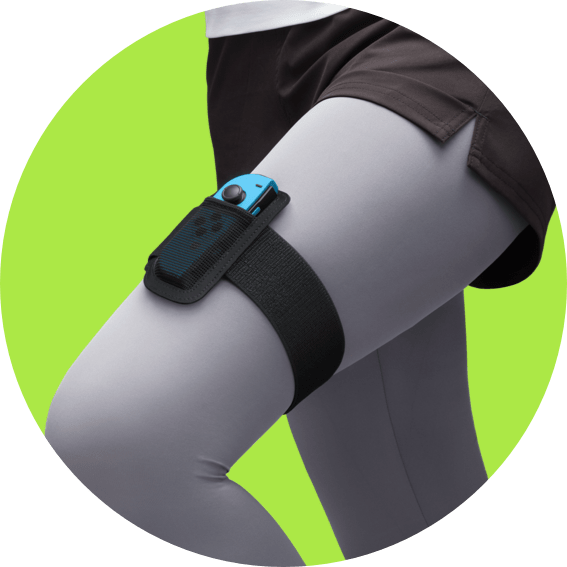 Leg-Strap accessory worn on thigh with Joy-Con controller facing forward.