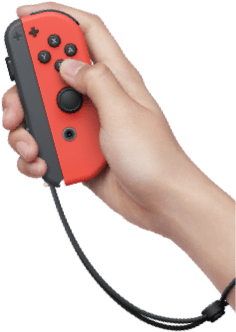 Un brazo sosteniendo un control Joy-Con rojo.